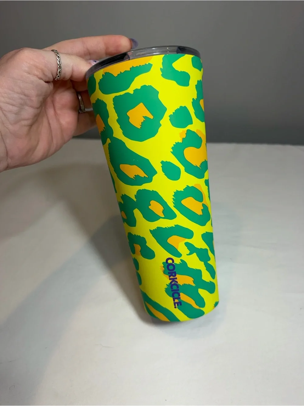 Corkcicle 24 oz Tumbler Party Animal vibrant leopard print in neon yellow green